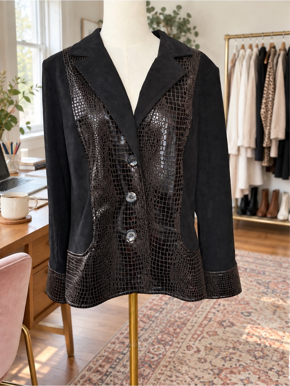 Y2K Elementz Brown Faux Suede & Croc-Embossed Panel Statement Blazer